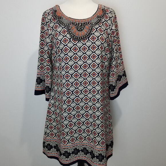 Harper Dresses & Skirts - Harper Dress Size Large Shift Beaded Boho 3/4 Sleeve Geometric Batik Pattern